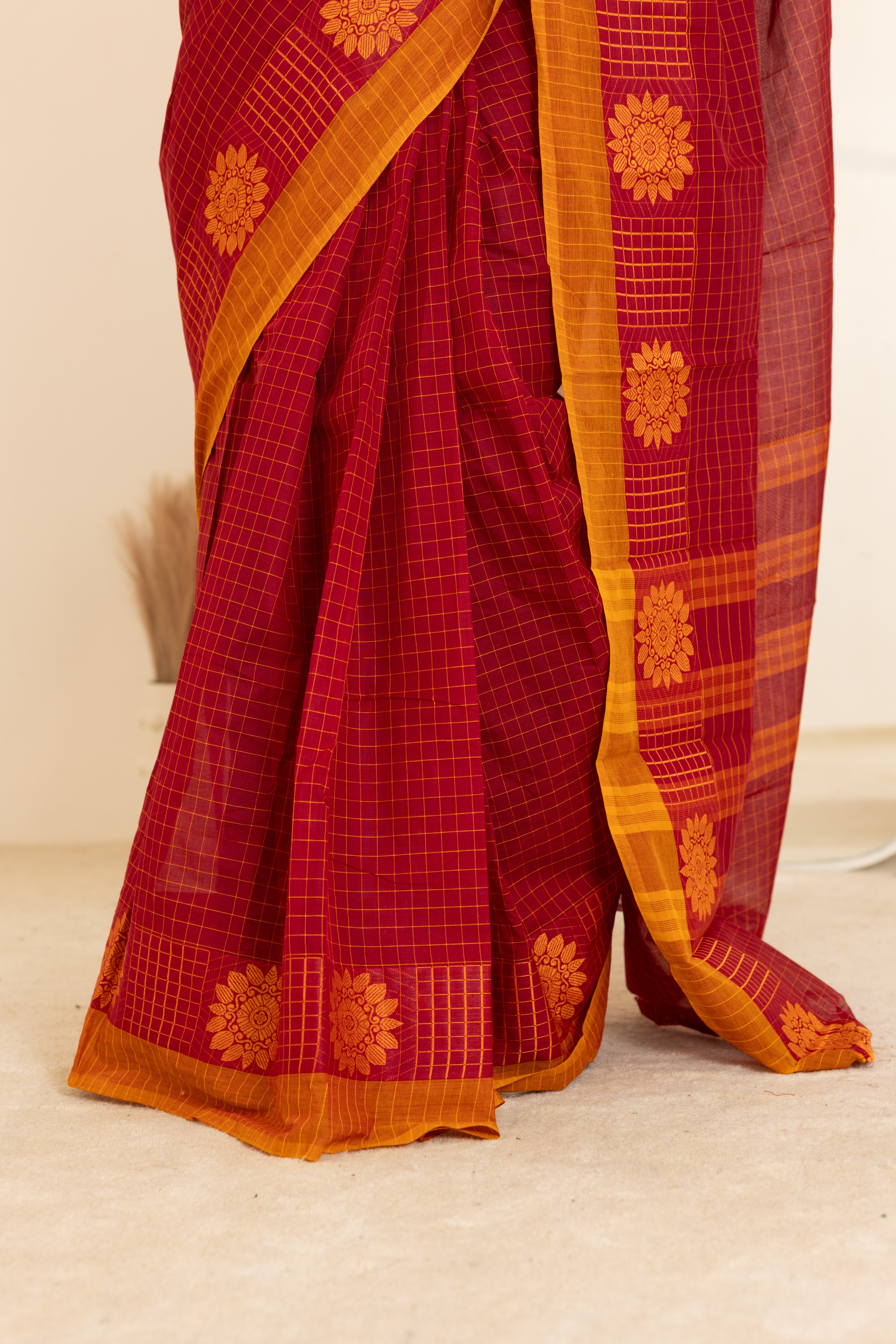 Kadal meengal Cotton saree in red and deep maroon (Own weaving)