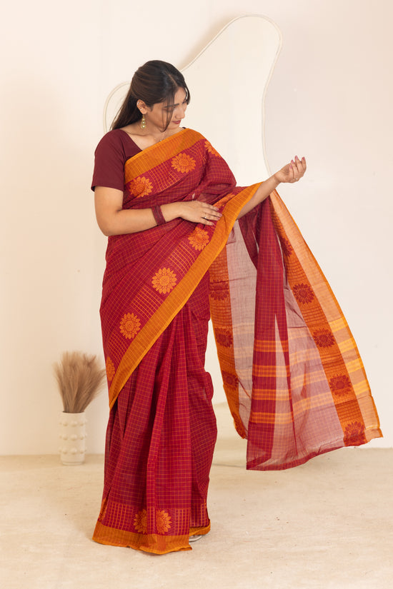Kadal meengal Cotton saree in red and deep maroon (Own weaving)
