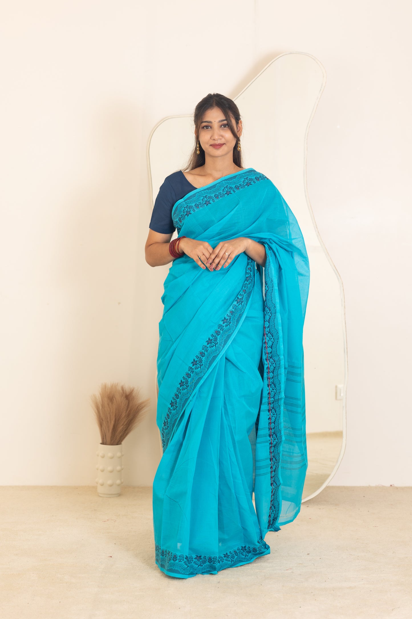 Kadal meengal Cotton saree in light blue ( Own weaving)