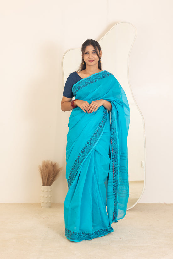 Kadal meengal Cotton saree in light blue ( Own weaving)