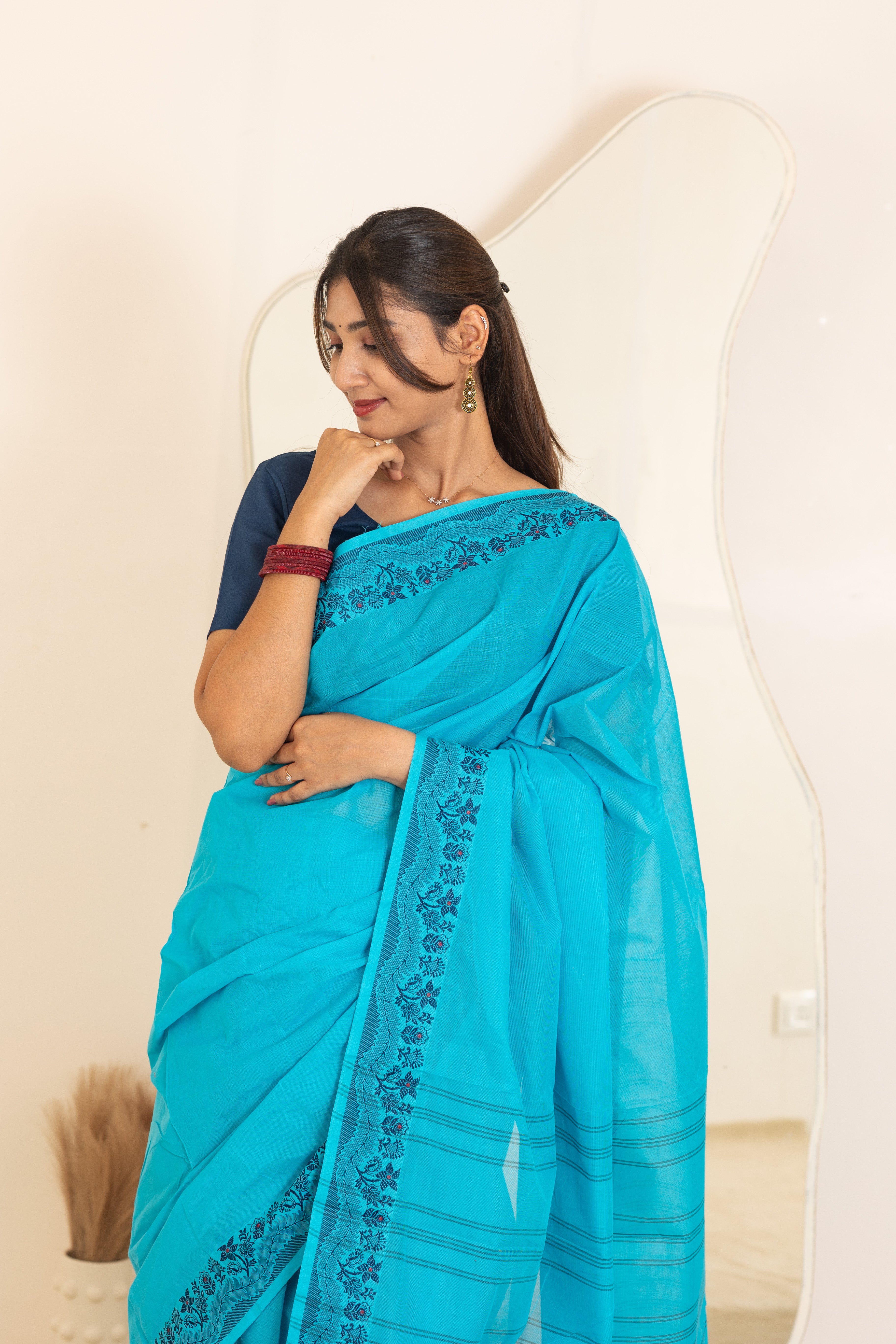 Kadal meengal Cotton saree in light blue ( Own weaving)