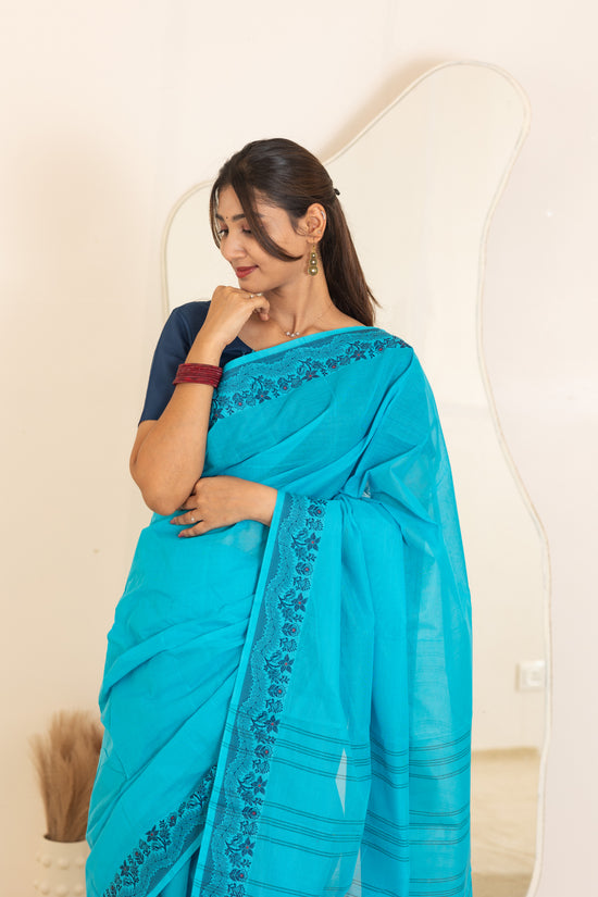 Kadal meengal Cotton saree in light blue ( Own weaving)