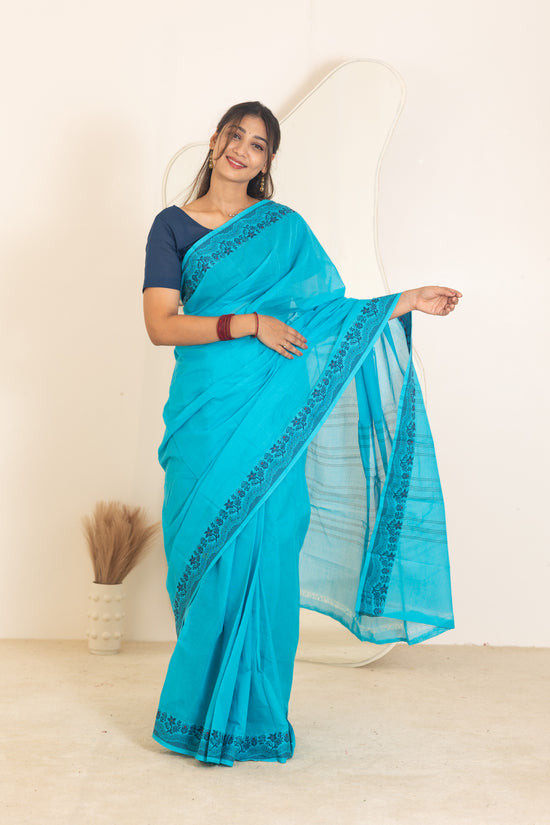 Kadal meengal Cotton saree in light blue ( Own weaving)