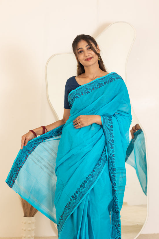 Kadal meengal Cotton saree in light blue ( Own weaving)