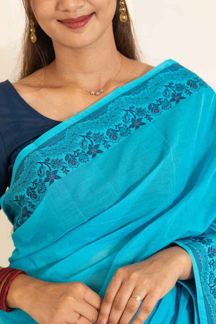 Kadal meengal Cotton saree in light blue ( Own weaving)