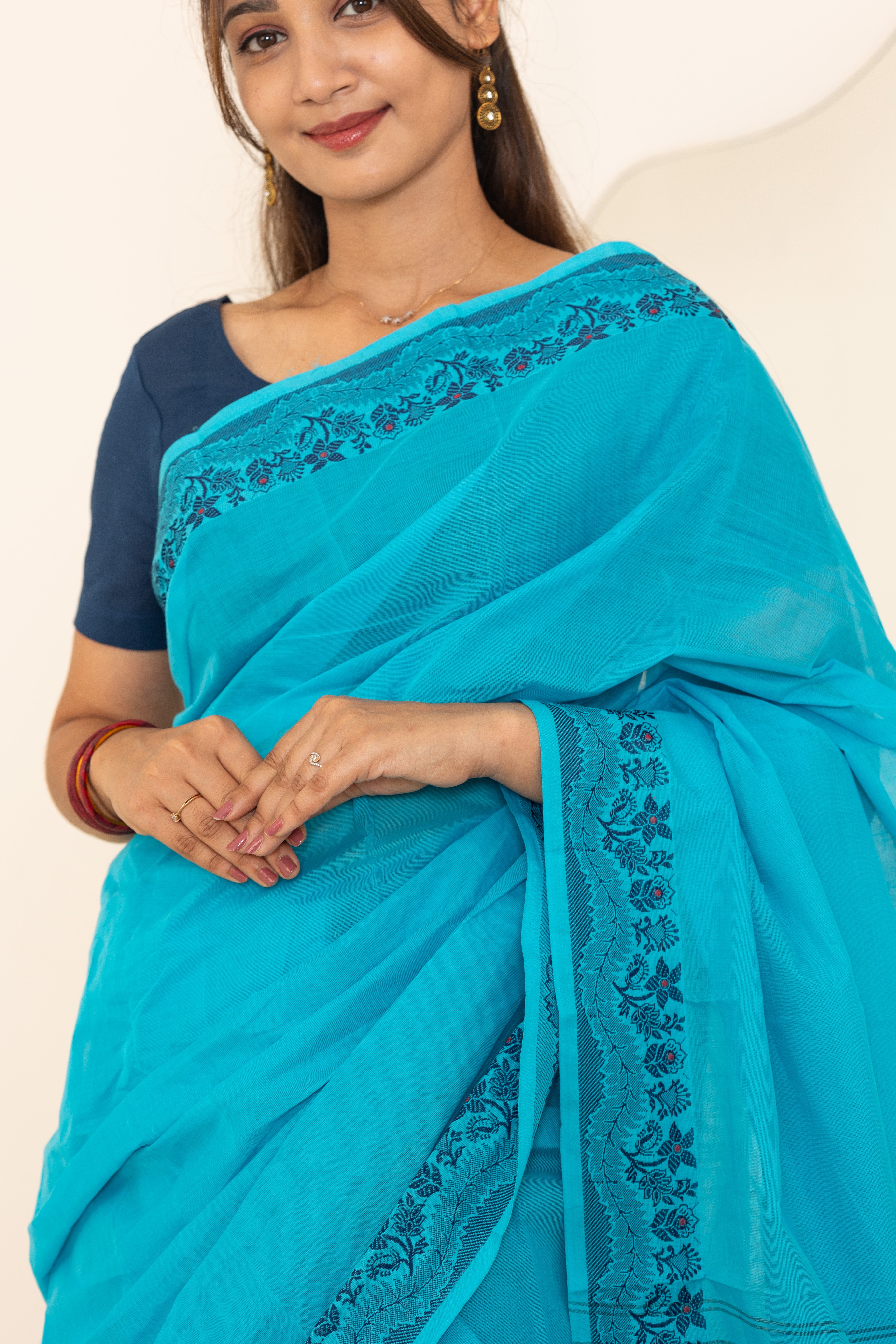 Kadal meengal Cotton saree in light blue ( Own weaving)