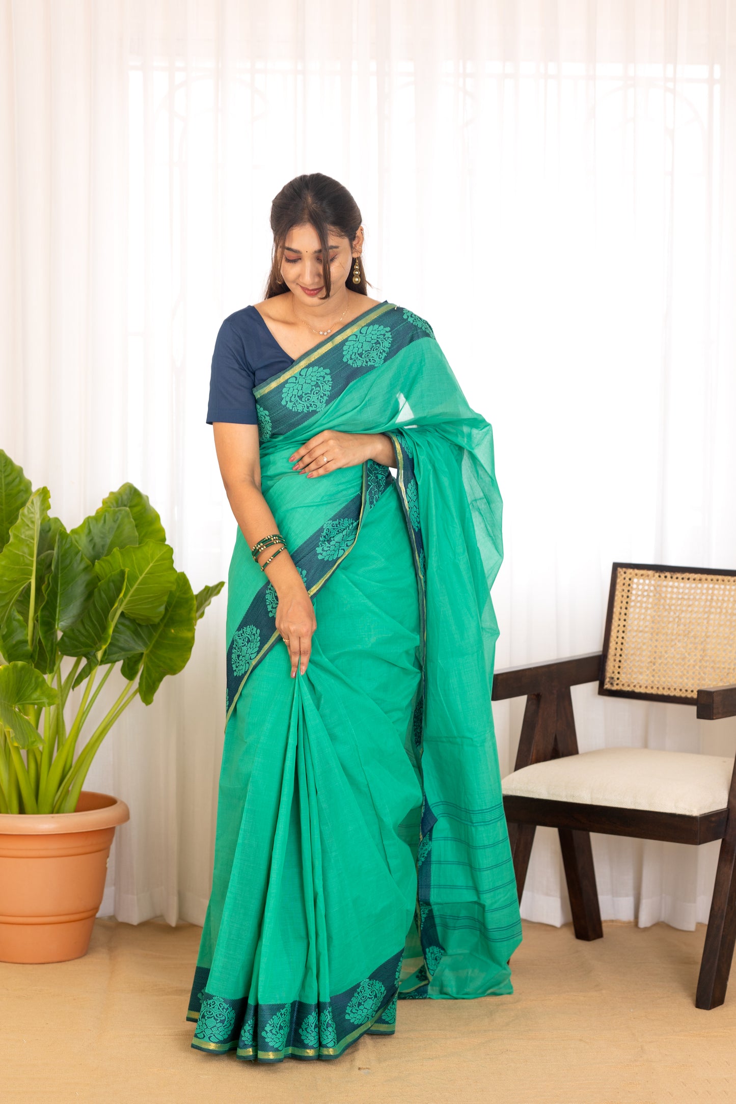 Kadal meengal Cotton saree in emerald green ( Own weaving)