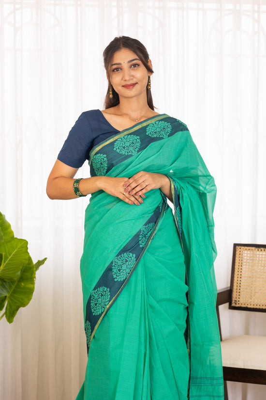 Kadal meengal Cotton saree in emerald green ( Own weaving)