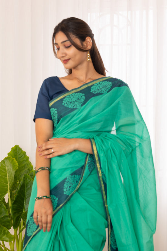 Kadal meengal Cotton saree in emerald green ( Own weaving)