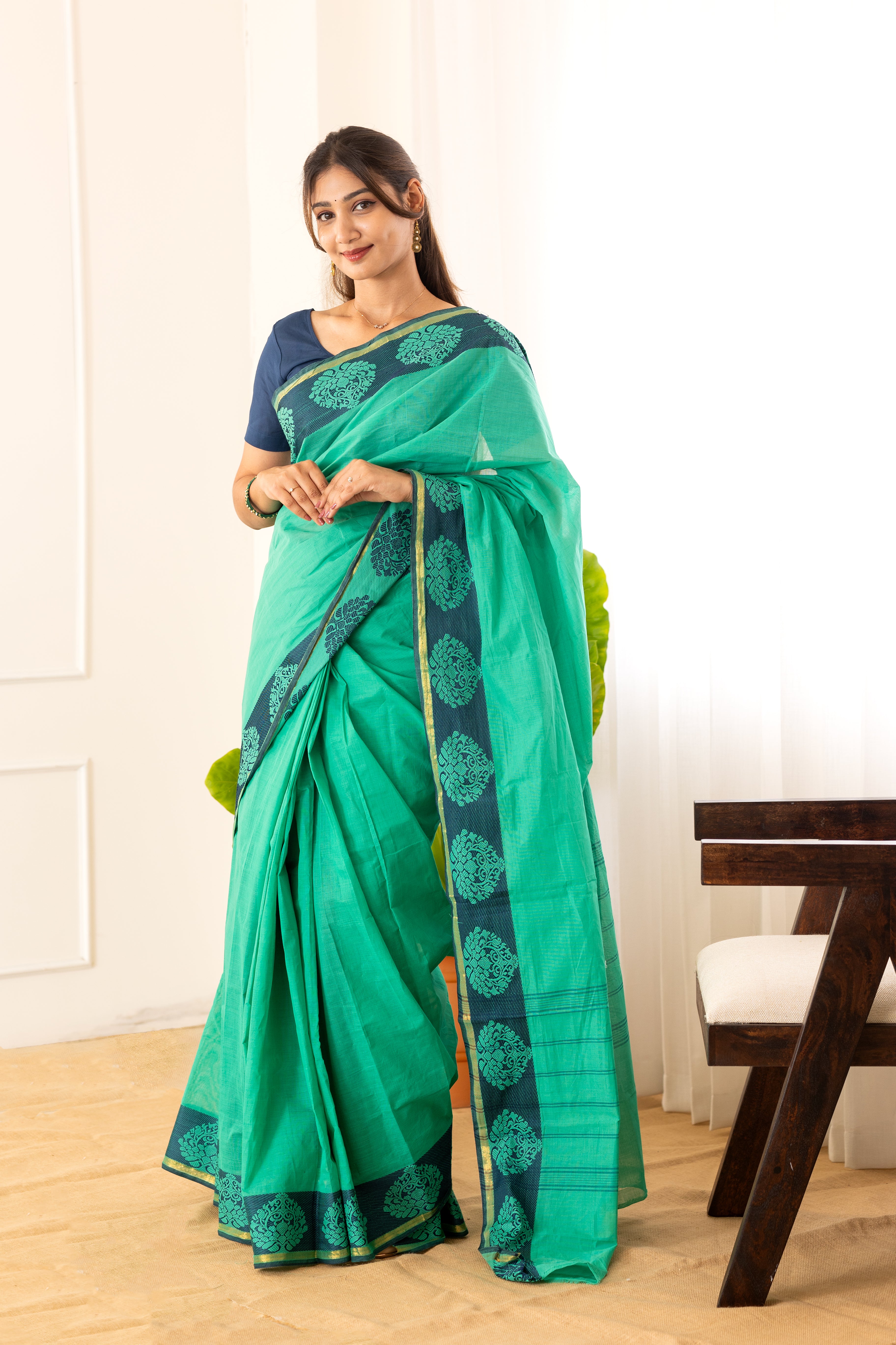 Kadal meengal Cotton saree in emerald green ( Own weaving)