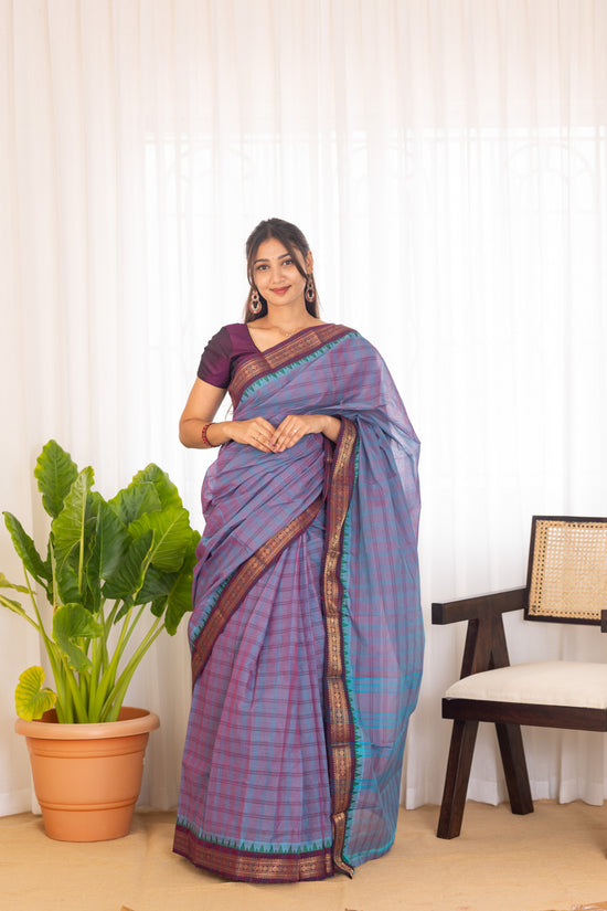 Kadal meengal Cotton saree in lavendar aqua blue ( Own weaving)