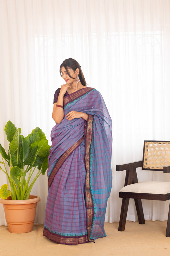 Kadal meengal Cotton saree in lavendar aqua blue ( Own weaving)