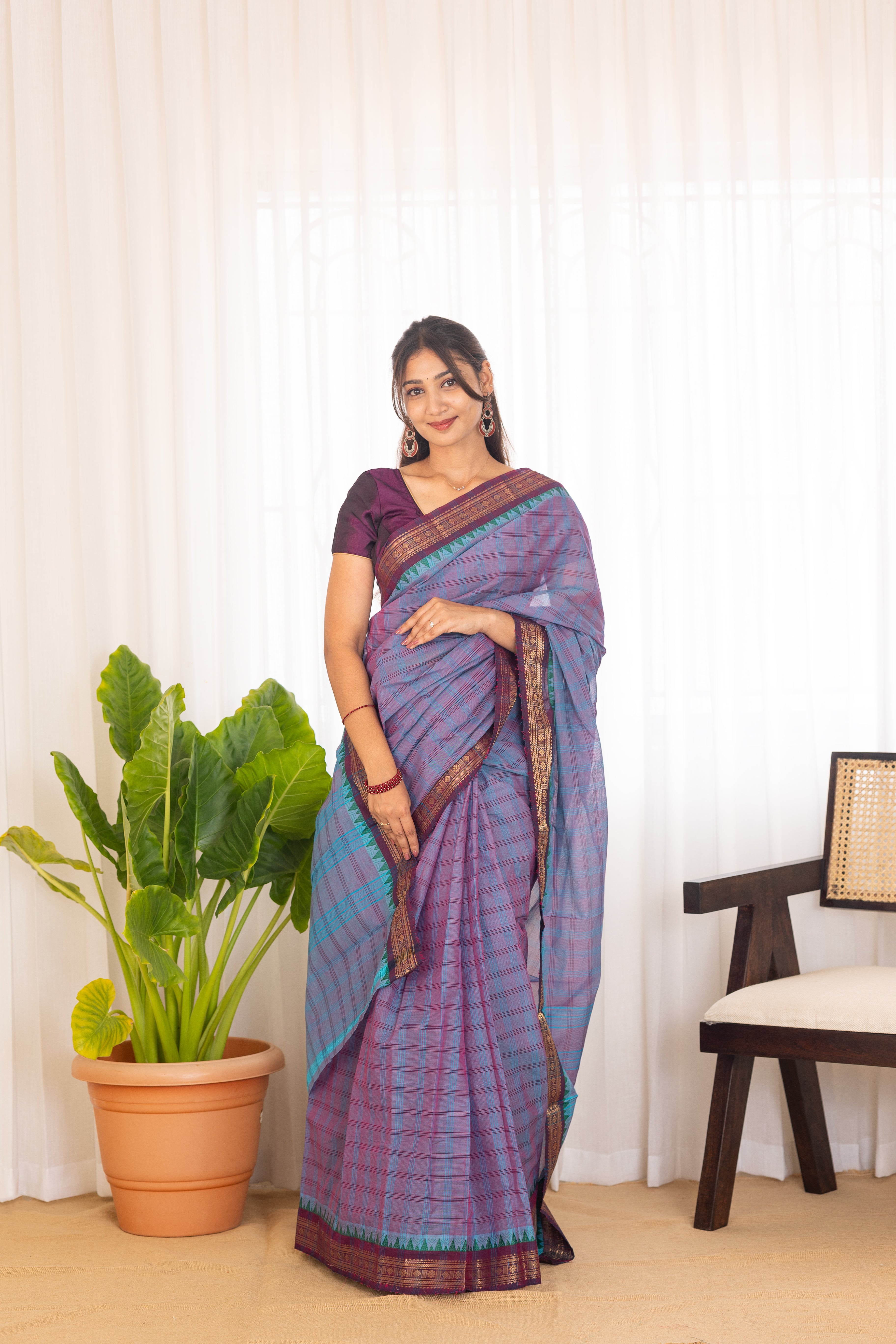 Kadal meengal Cotton saree in lavendar aqua blue ( Own weaving)