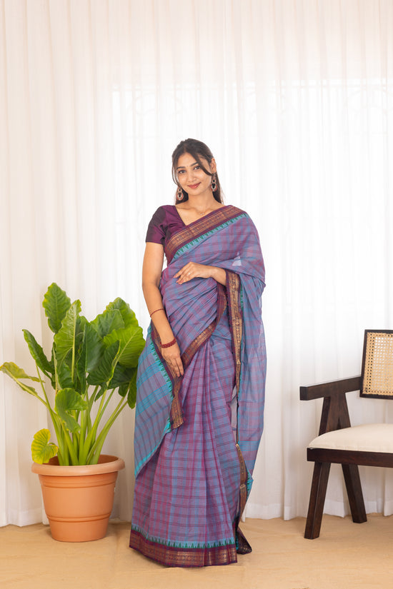 Kadal meengal Cotton saree in lavendar aqua blue ( Own weaving)