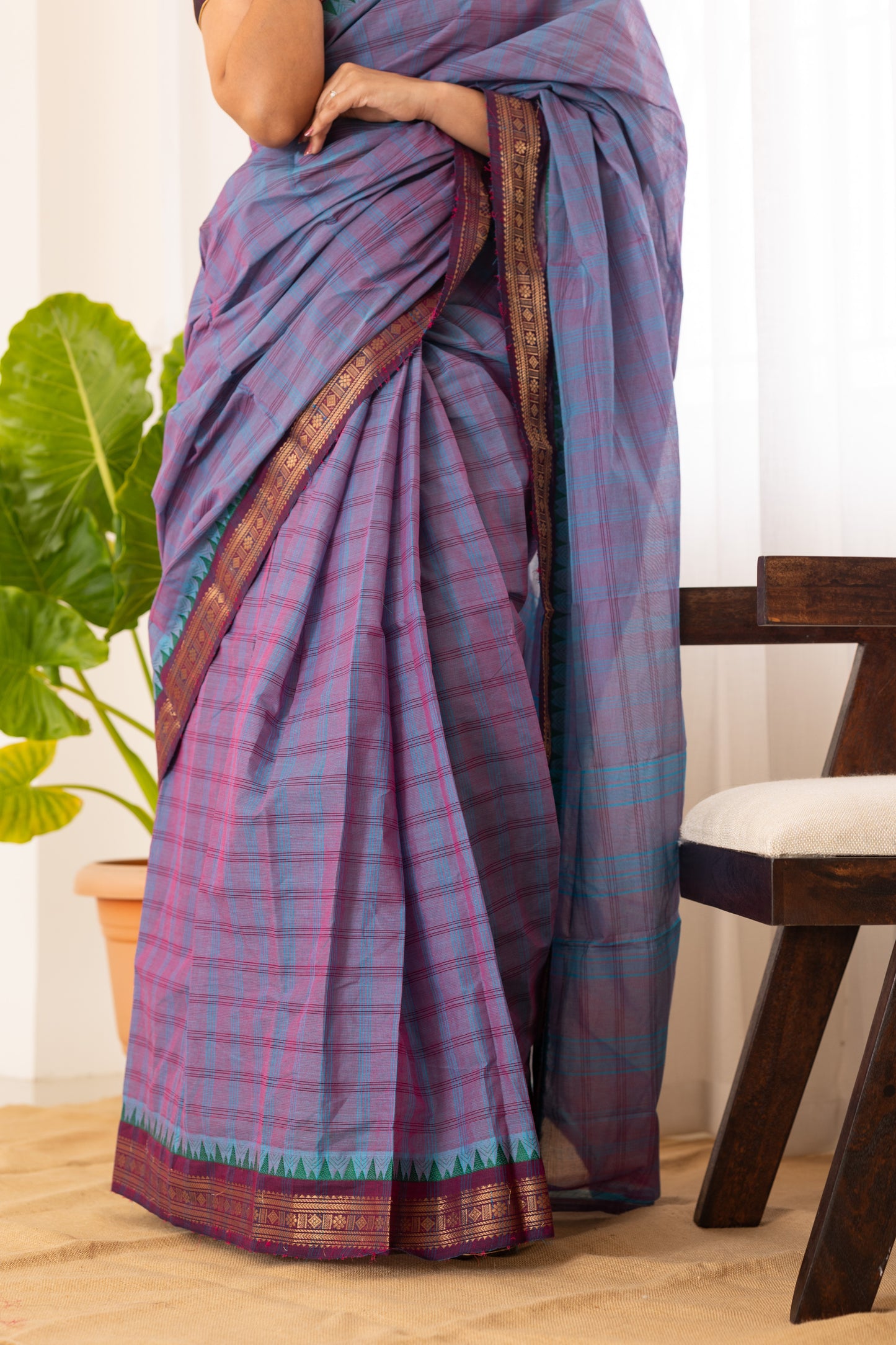 Kadal meengal Cotton saree in lavendar aqua blue ( Own weaving)