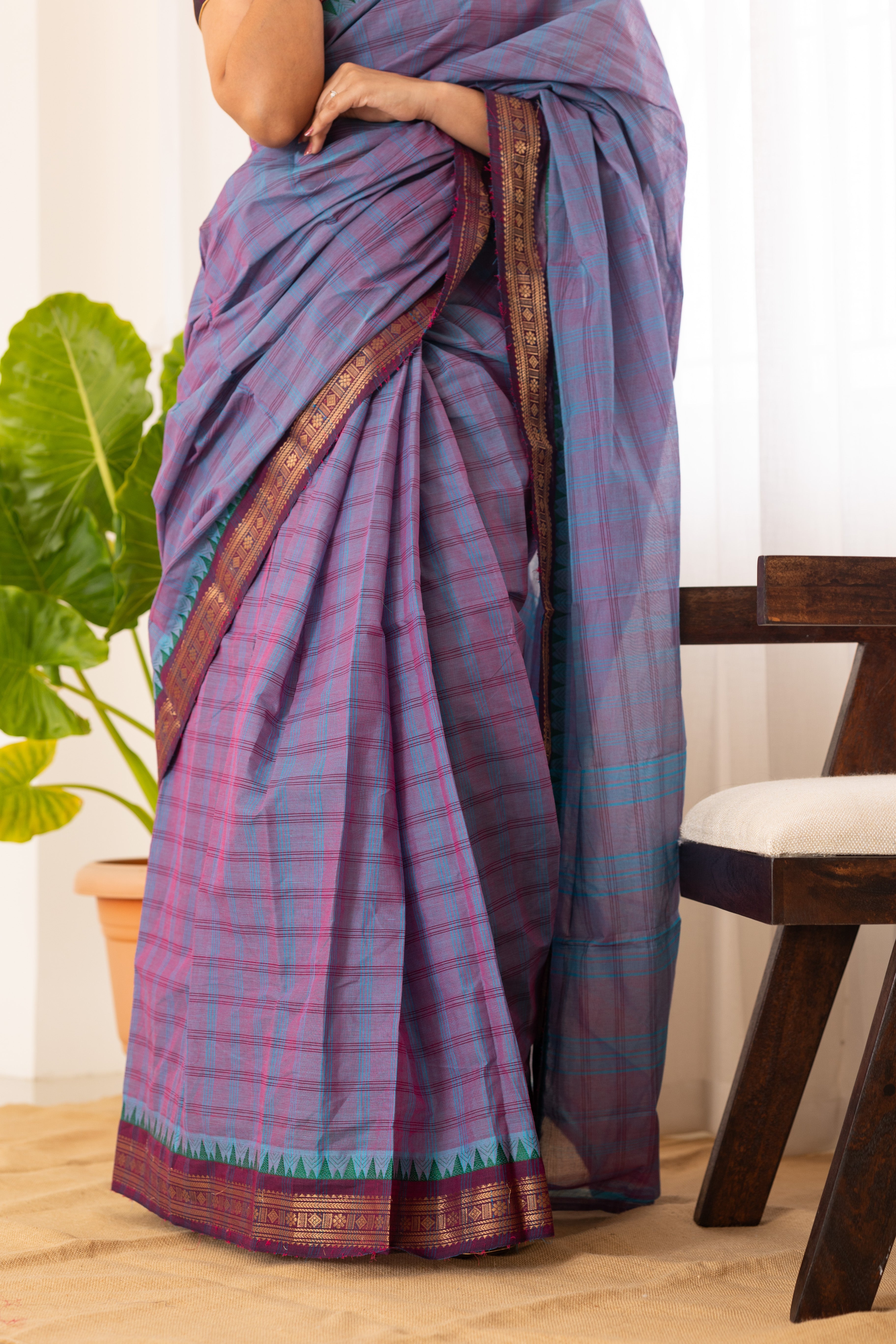 Kadal meengal Cotton saree in lavendar aqua blue ( Own weaving)