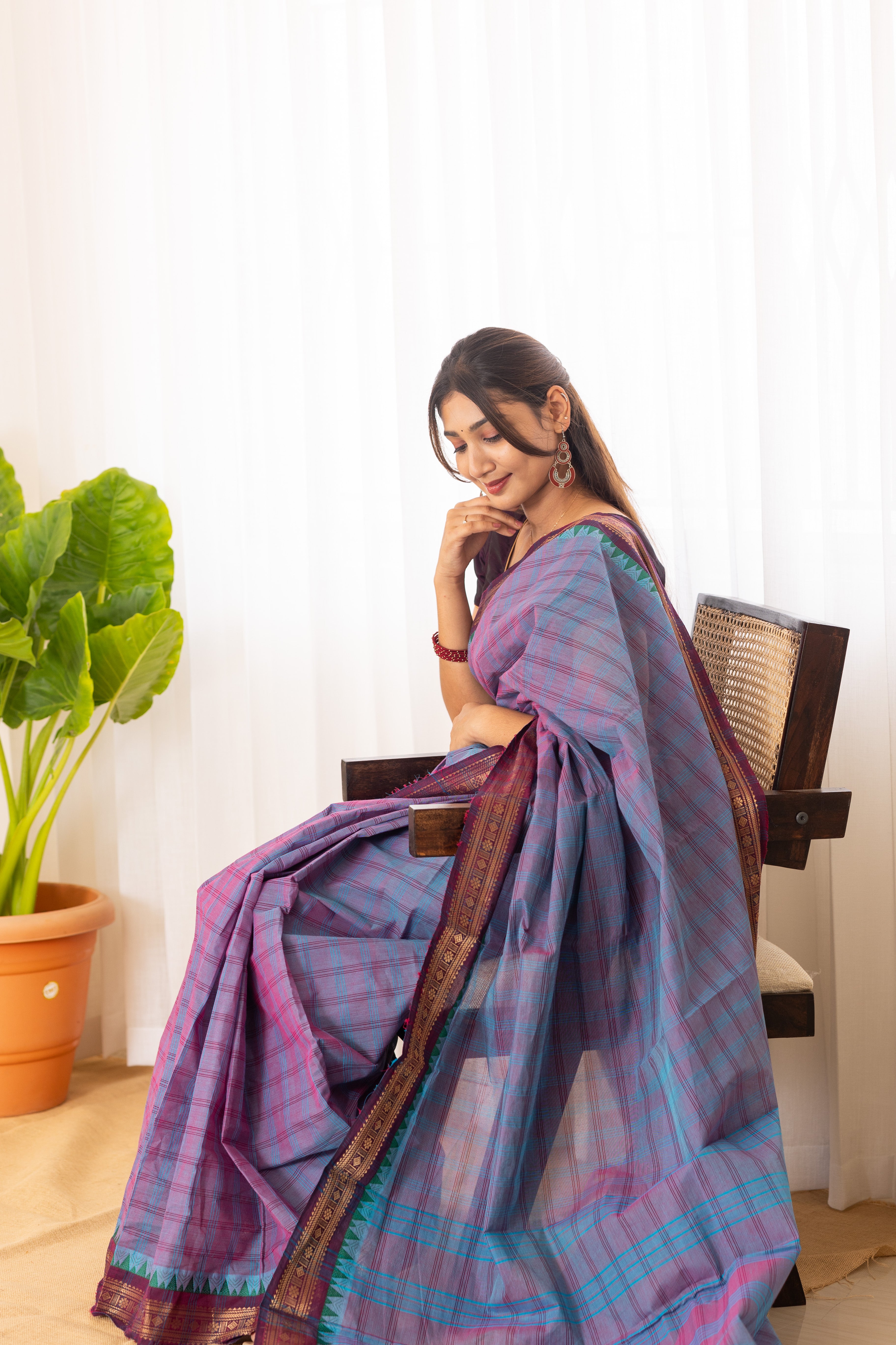 Kadal meengal Cotton saree in lavendar aqua blue ( Own weaving)