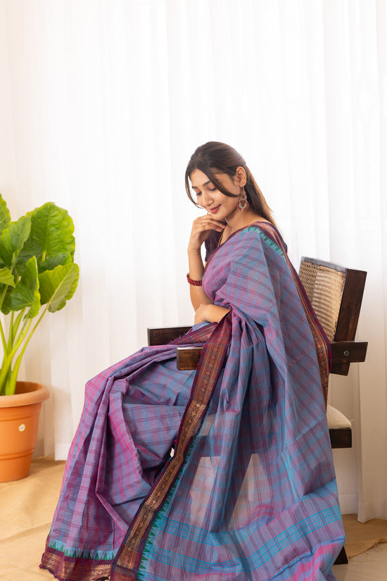 Kadal meengal Cotton saree in lavendar aqua blue ( Own weaving)