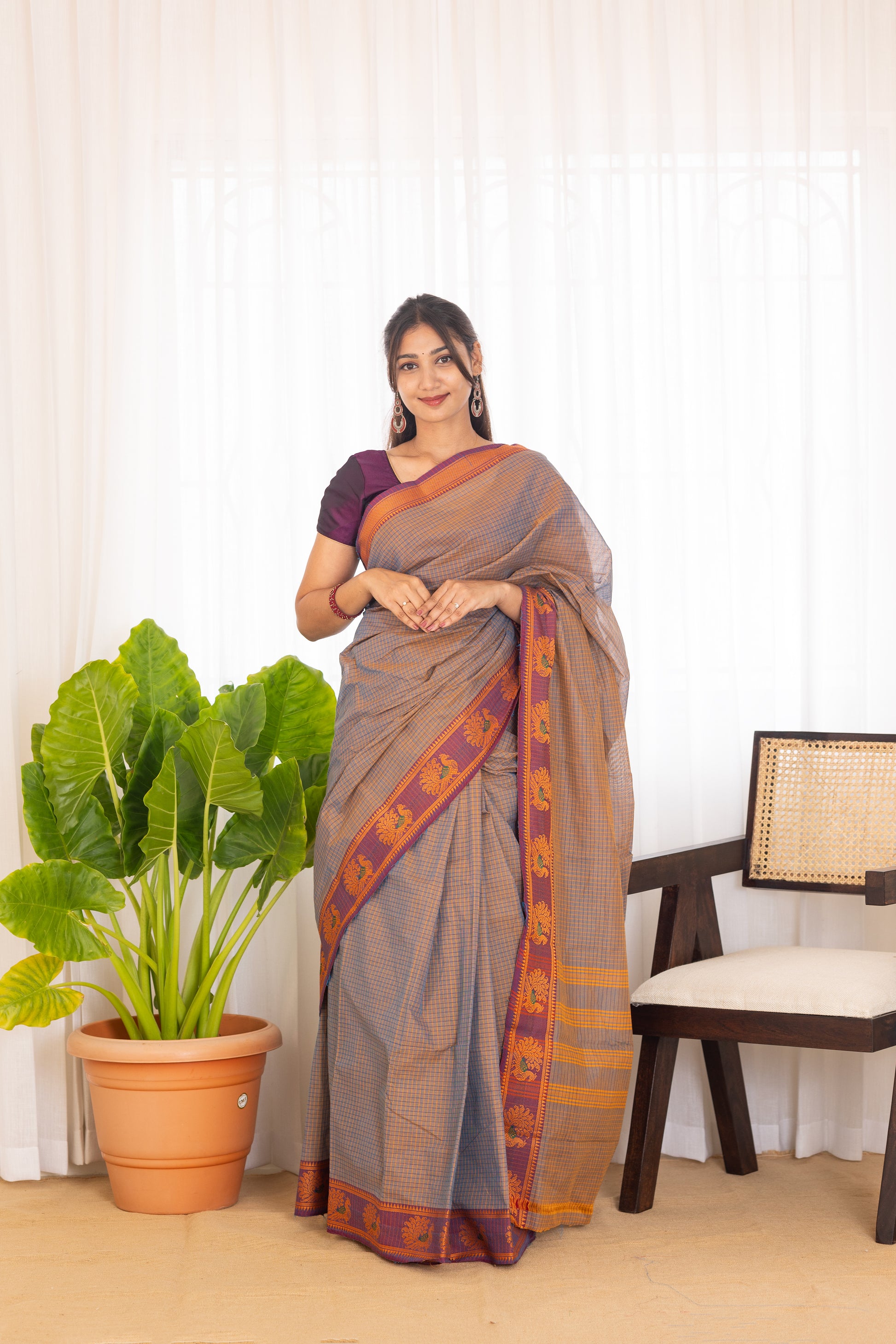 Kadal meengal Cotton saree in ash lavendar ( Own weaving)