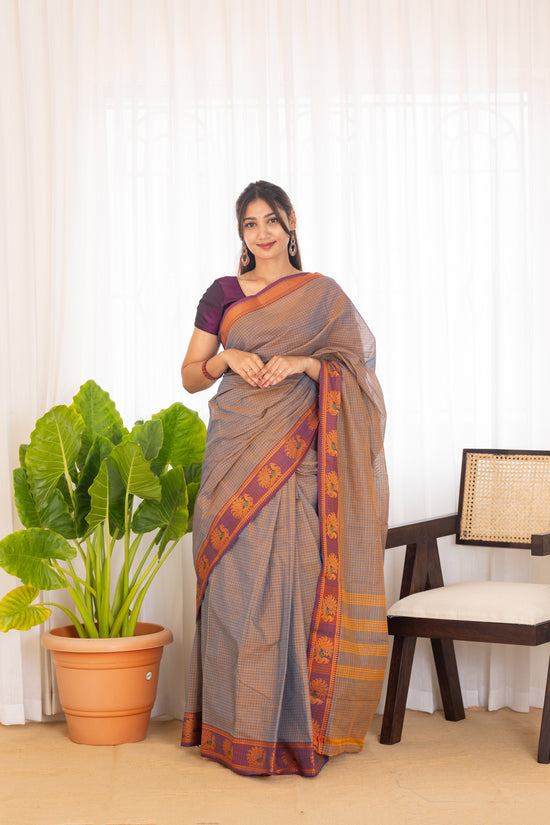 Kadal meengal Cotton saree in ash lavendar ( Own weaving)
