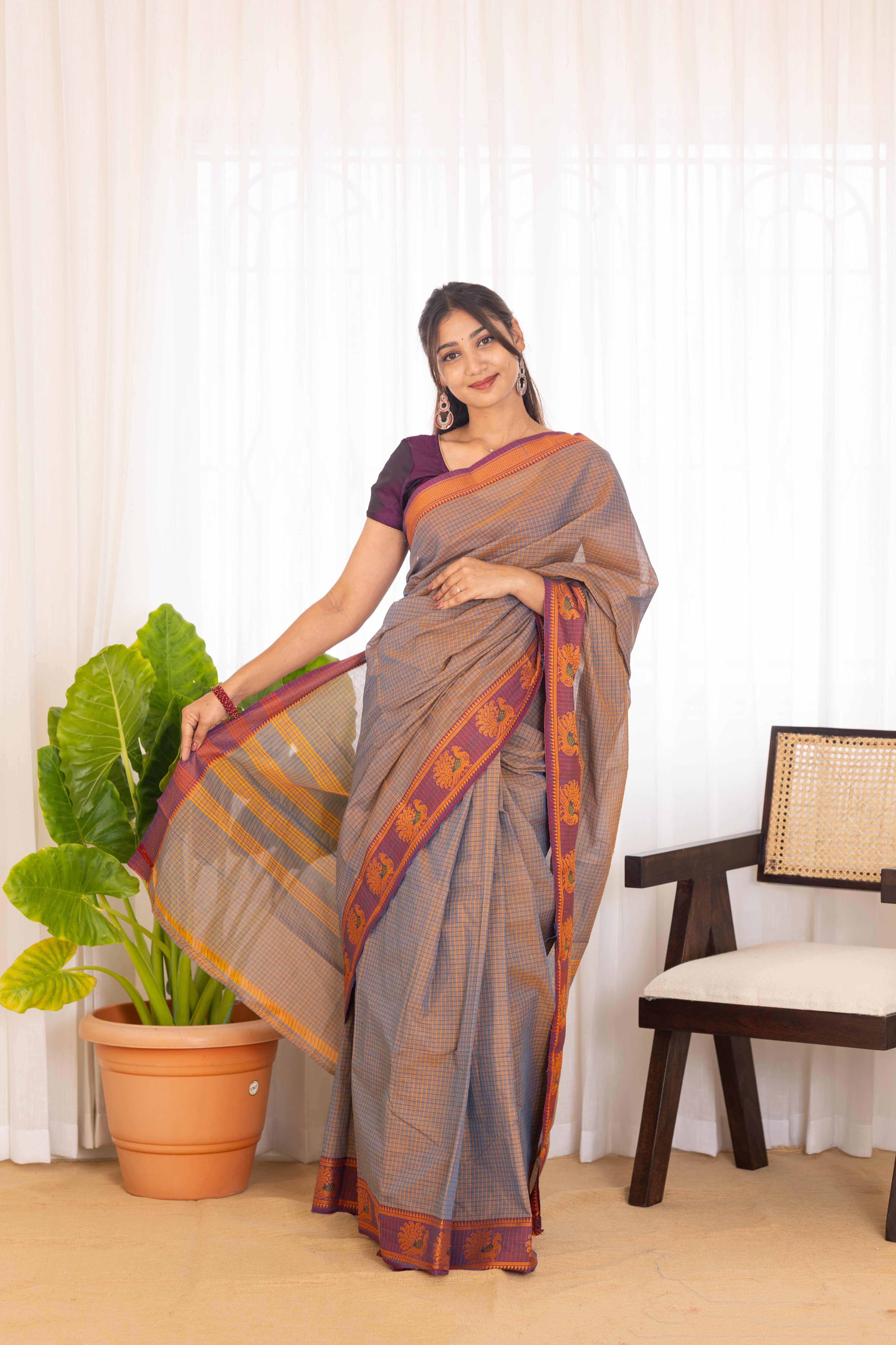 Kadal meengal Cotton saree in ash lavendar ( Own weaving)
