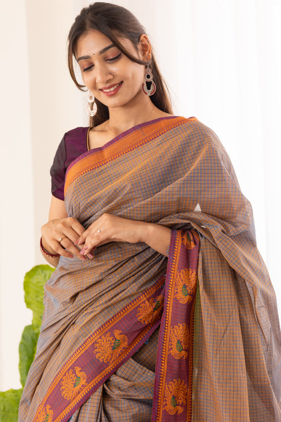 Kadal meengal Cotton saree in ash lavendar ( Own weaving)