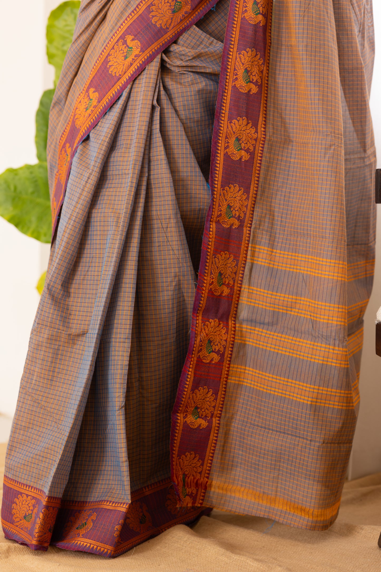 Kadal meengal Cotton saree in ash lavendar ( Own weaving)