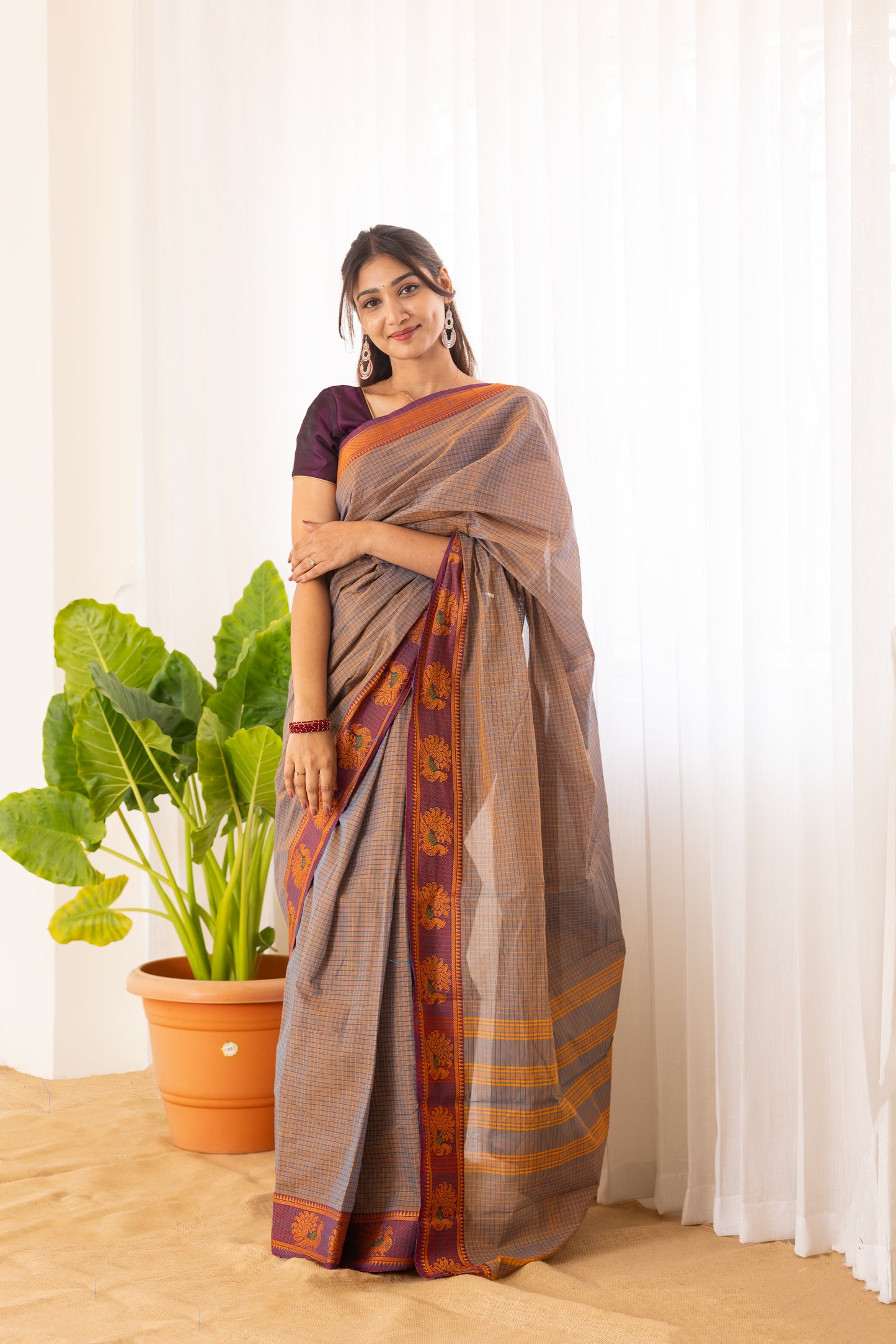 Kadal meengal Cotton saree in ash lavendar ( Own weaving)