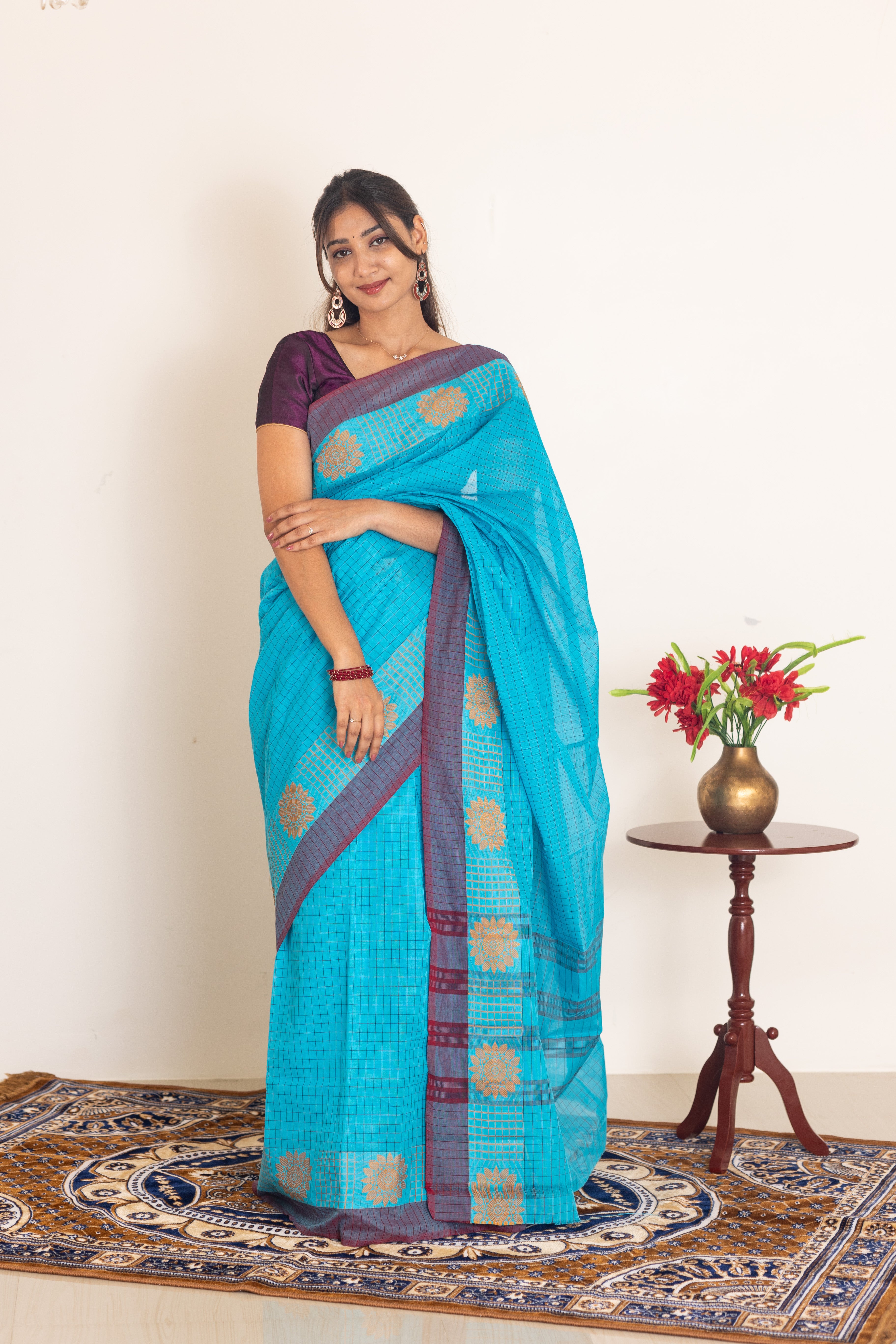 Kadal meengal Cotton saree in sky blue (Own weaving)