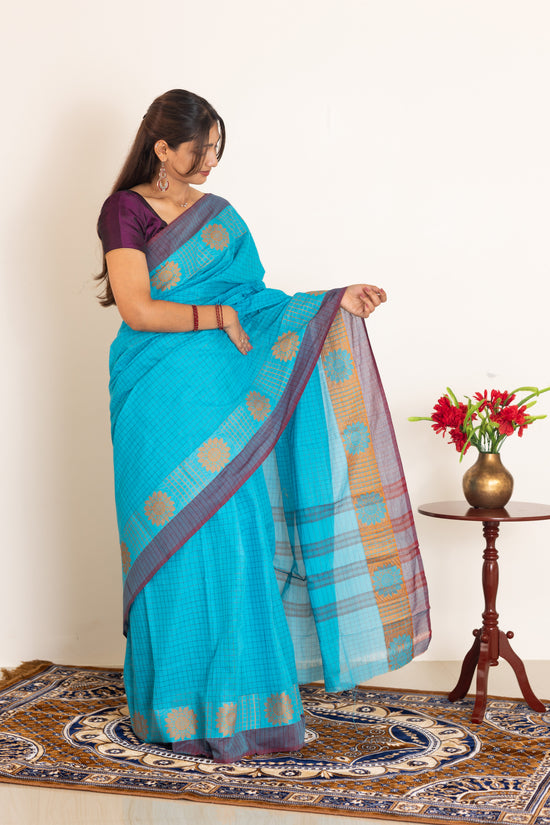 Kadal meengal Cotton saree in sky blue (Own weaving)