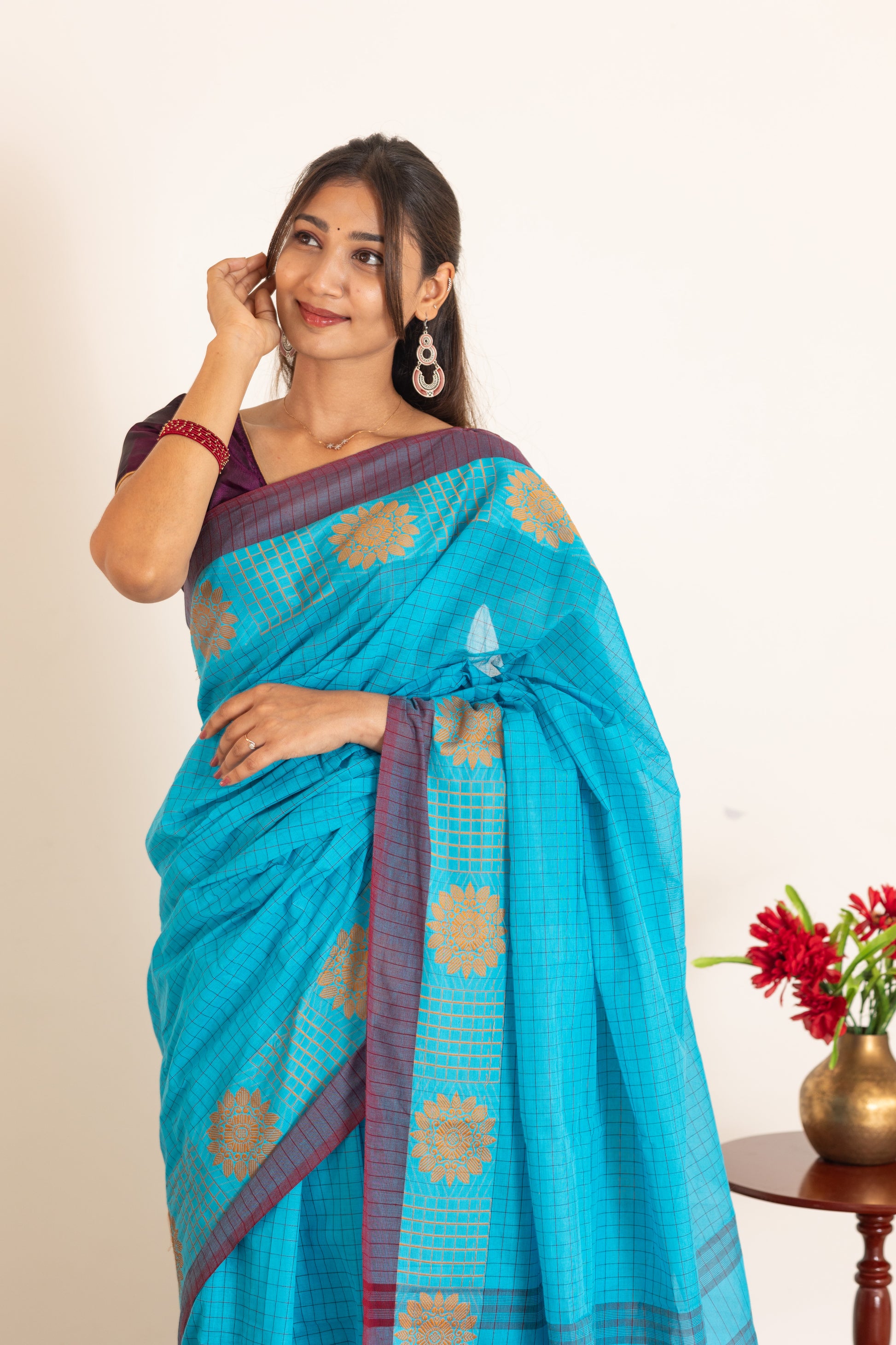 Kadal meengal Cotton saree in sky blue (Own weaving)