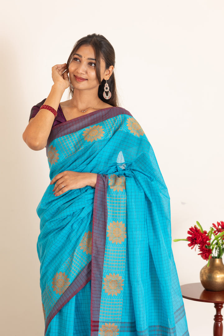 Kadal meengal Cotton saree in sky blue (Own weaving)