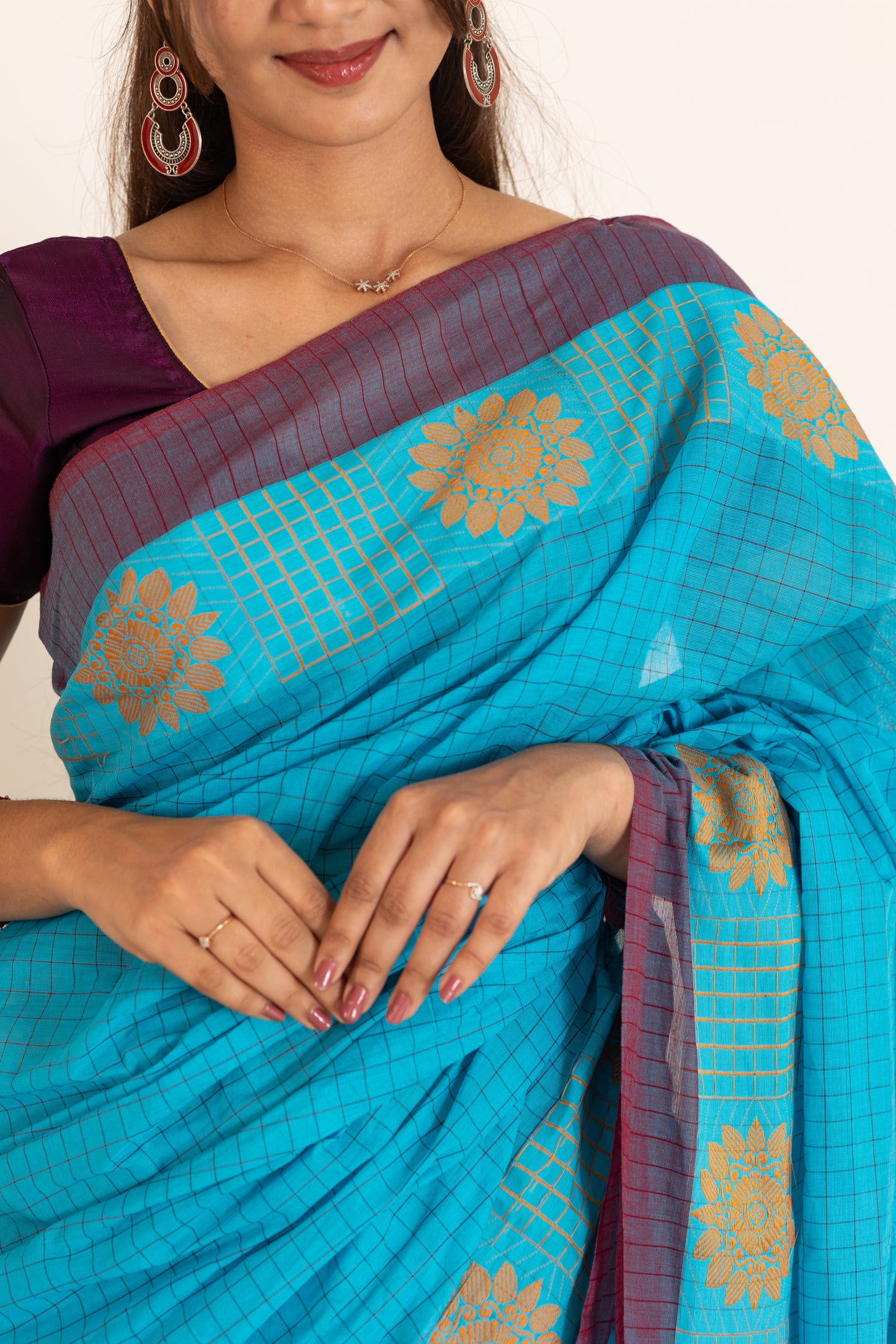 Kadal meengal Cotton saree in sky blue (Own weaving)