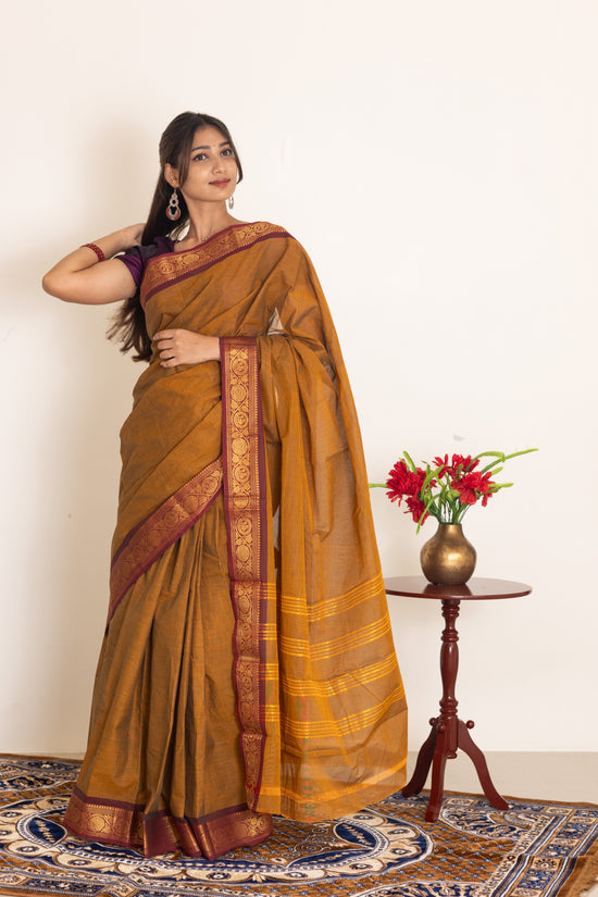 Kadal meengal Cotton saree in honey mustard ( Own weaving)