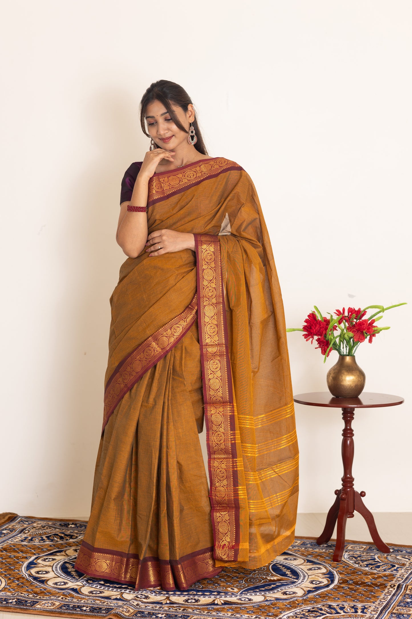 Kadal meengal Cotton saree in honey mustard ( Own weaving)