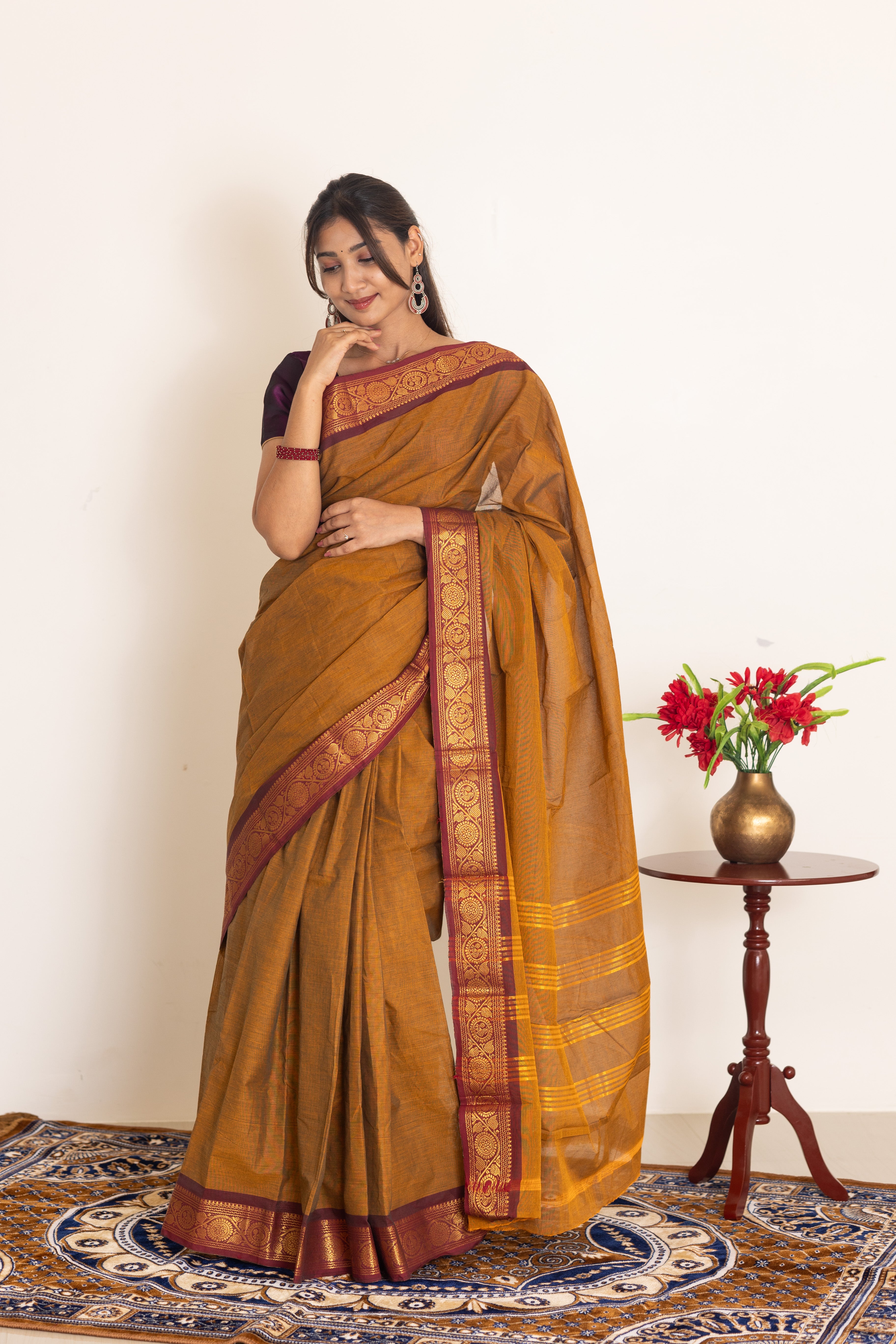 Kadal meengal Cotton saree in honey mustard ( Own weaving)