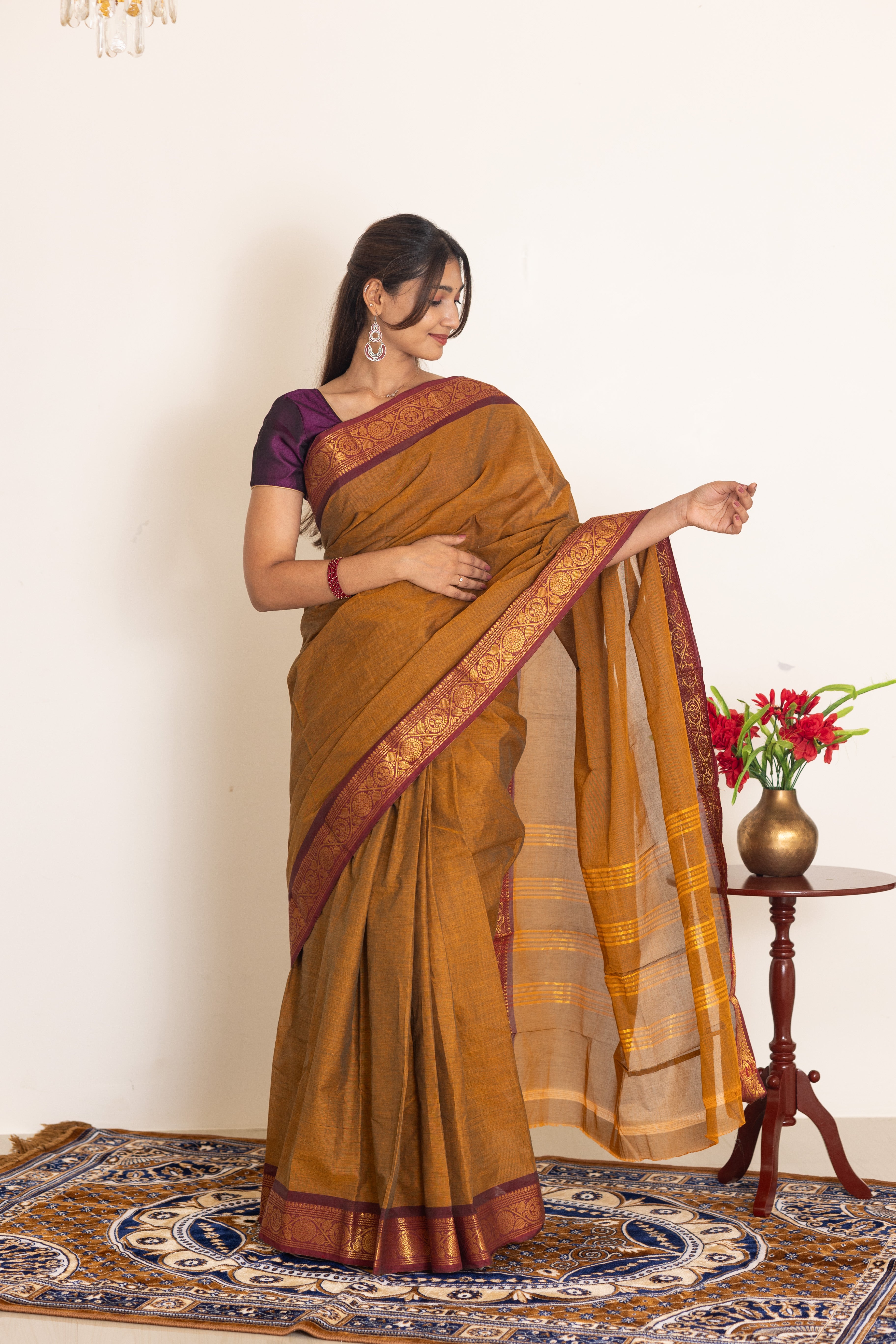 Kadal meengal Cotton saree in honey mustard ( Own weaving)