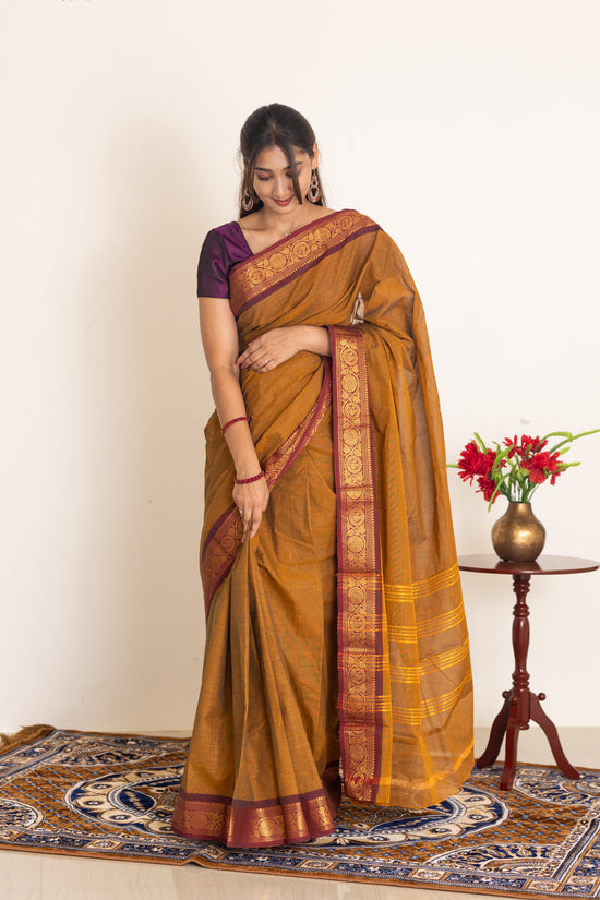Kadal meengal Cotton saree in honey mustard ( Own weaving)