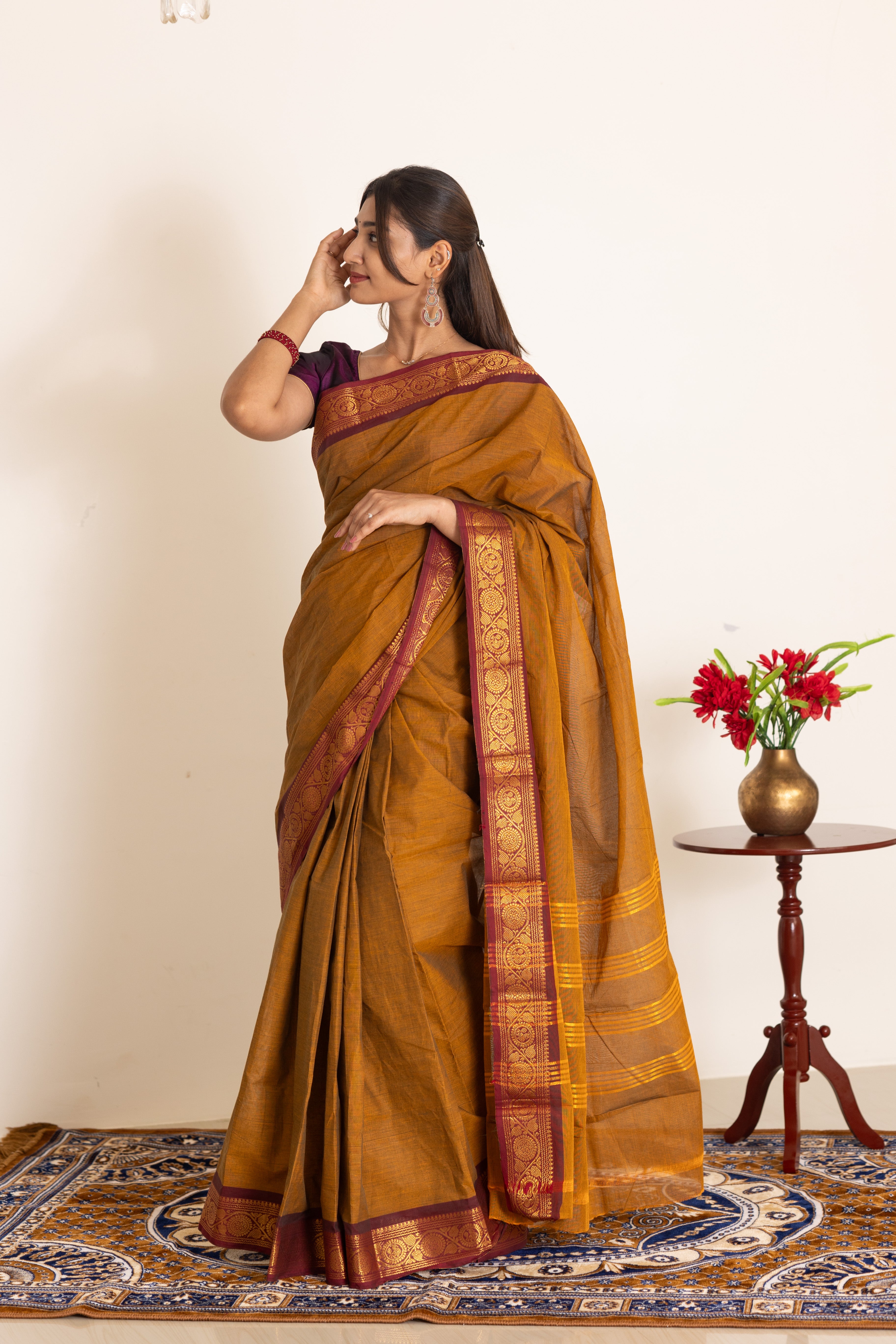 Kadal meengal Cotton saree in honey mustard ( Own weaving)