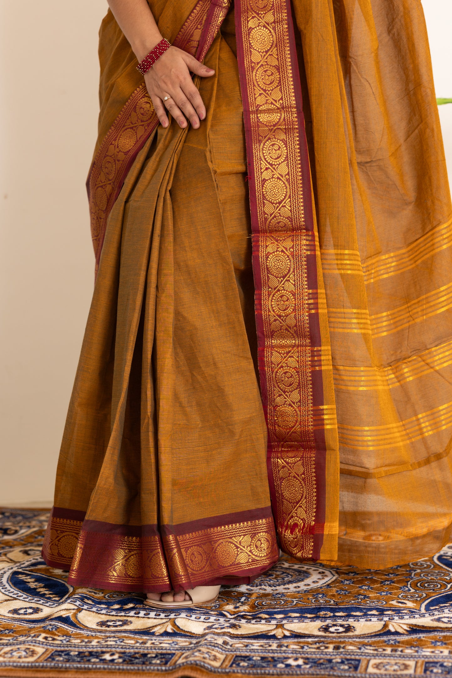Kadal meengal Cotton saree in honey mustard ( Own weaving)