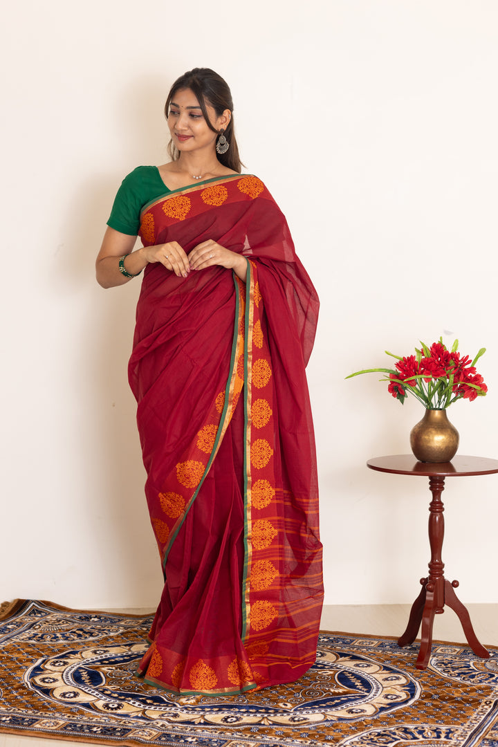 Kadal meengal Cotton saree in maroon ( Own weaving)