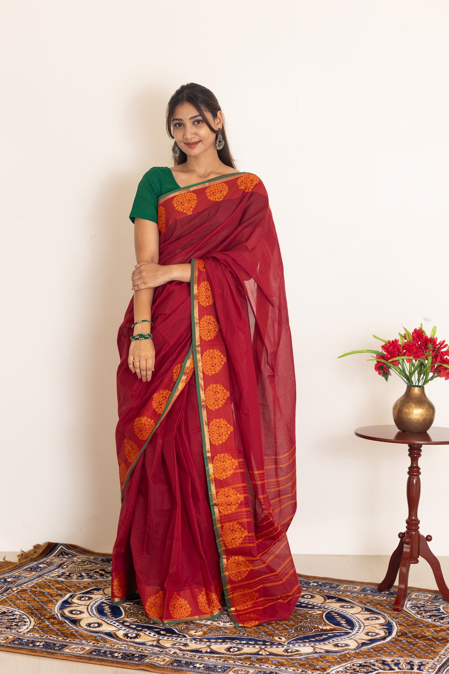 Kadal meengal Cotton saree in maroon ( Own weaving)