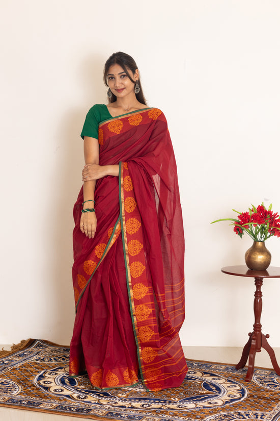 Kadal meengal Cotton saree in maroon ( Own weaving)