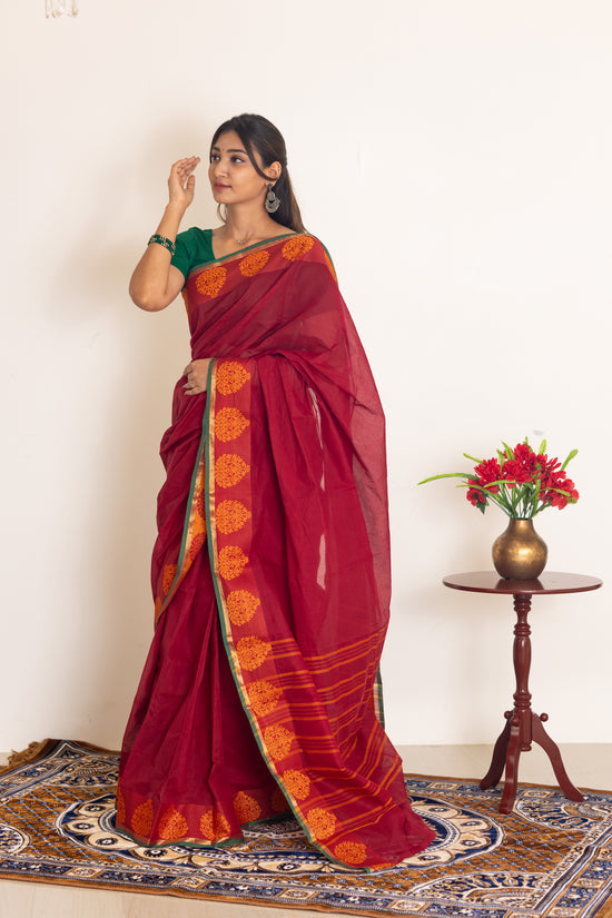 Kadal meengal Cotton saree in maroon ( Own weaving)