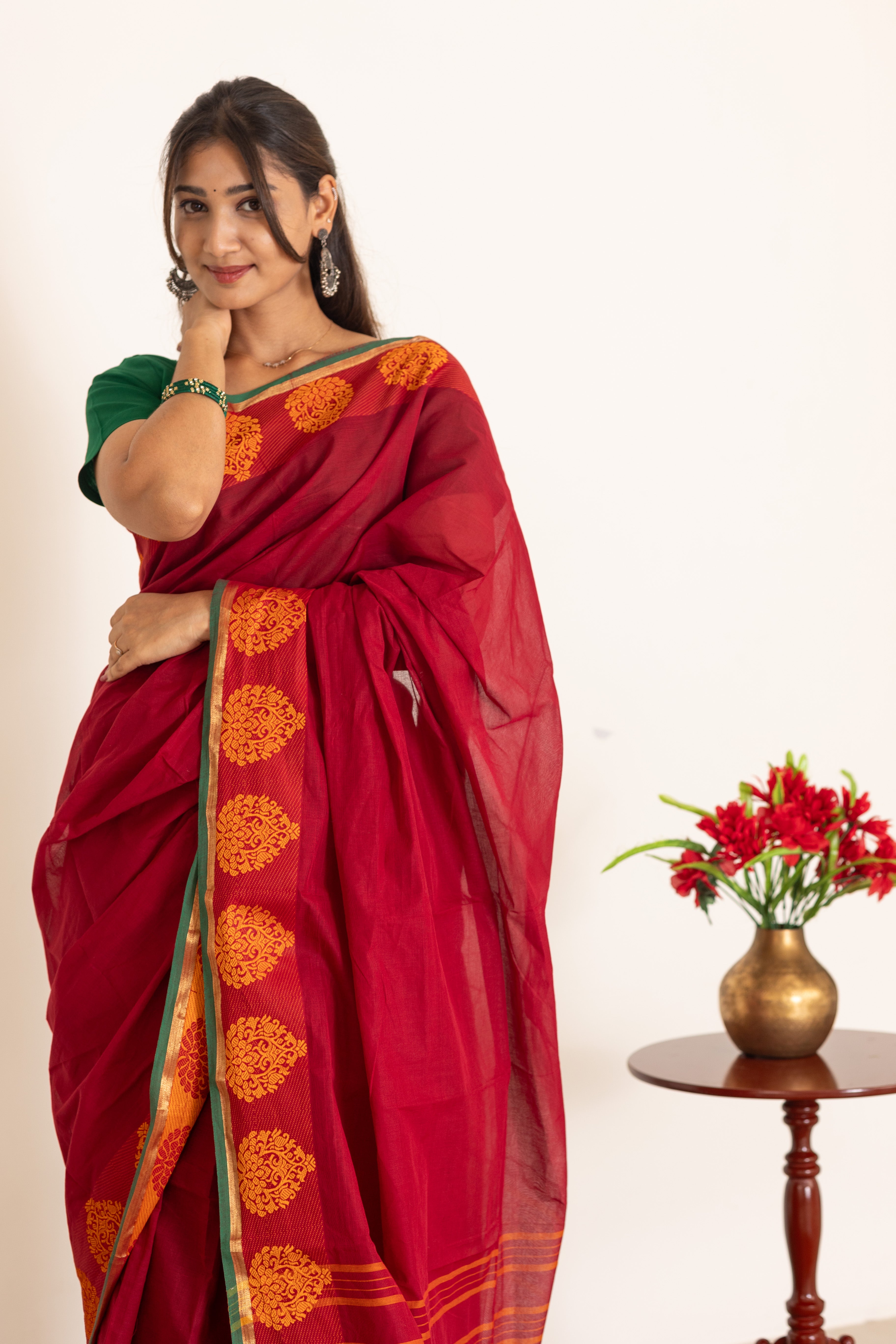 Kadal meengal Cotton saree in maroon ( Own weaving)