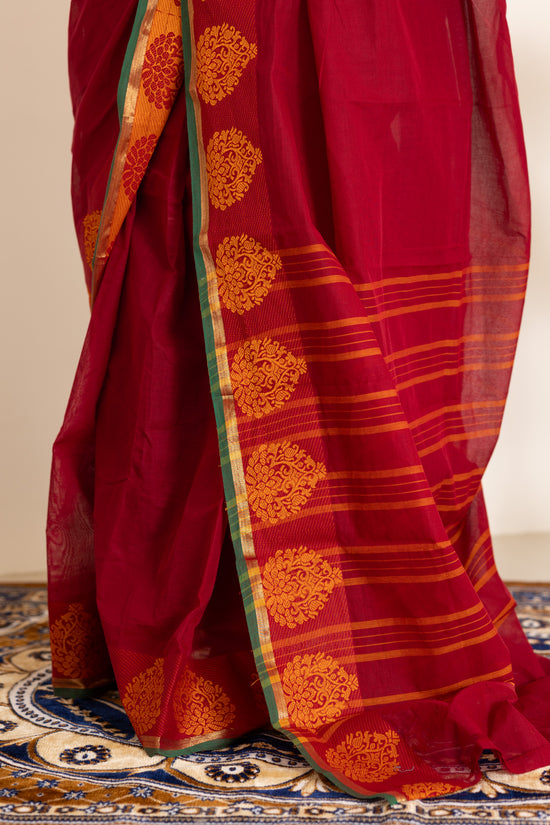 Kadal meengal Cotton saree in maroon ( Own weaving)