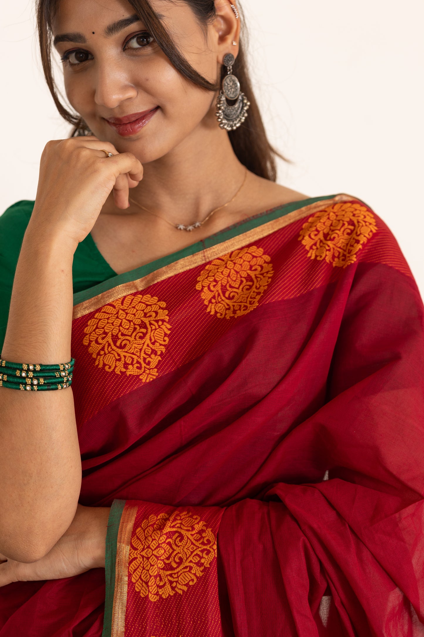 Kadal meengal Cotton saree in maroon ( Own weaving)