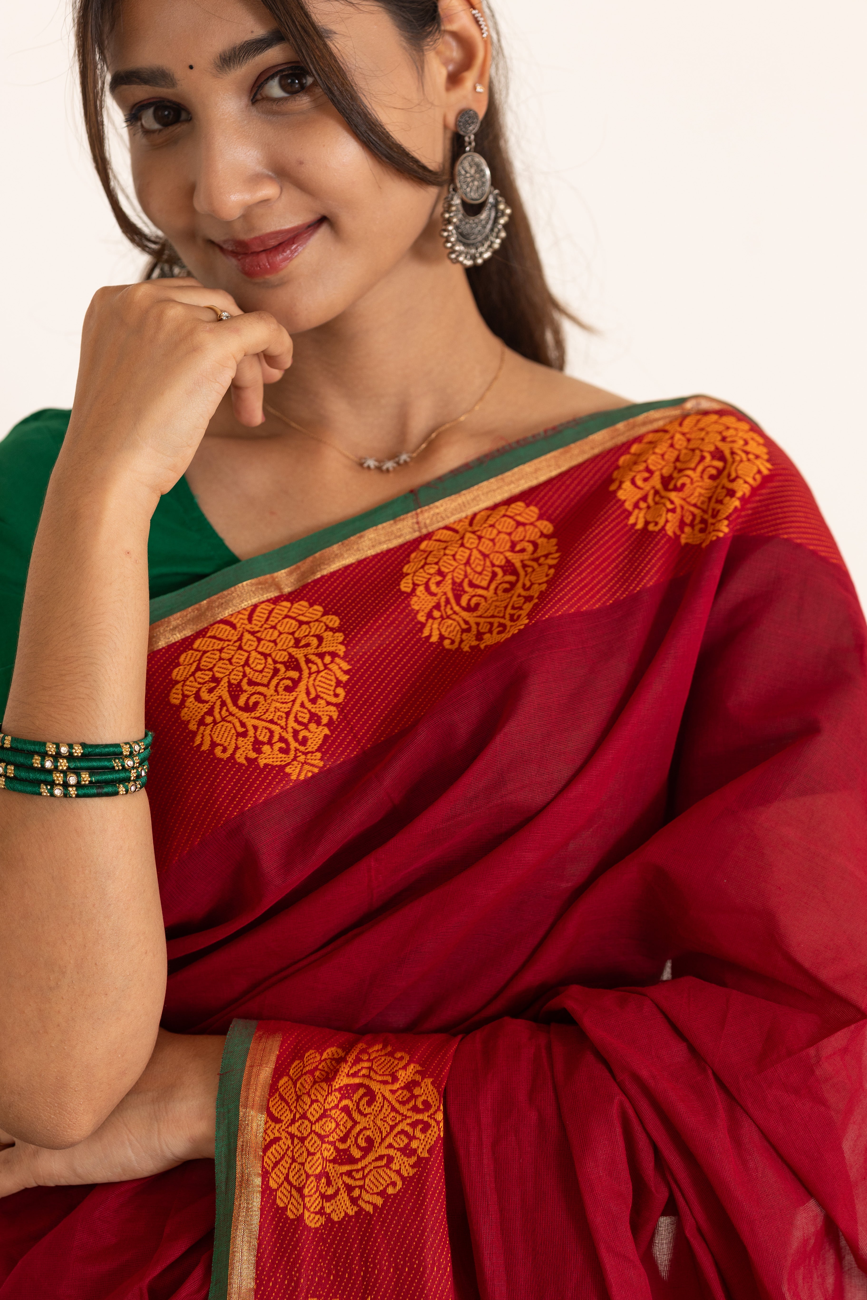 Kadal meengal Cotton saree in maroon ( Own weaving)