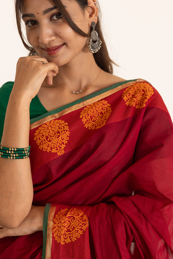 Kadal meengal Cotton saree in maroon ( Own weaving)