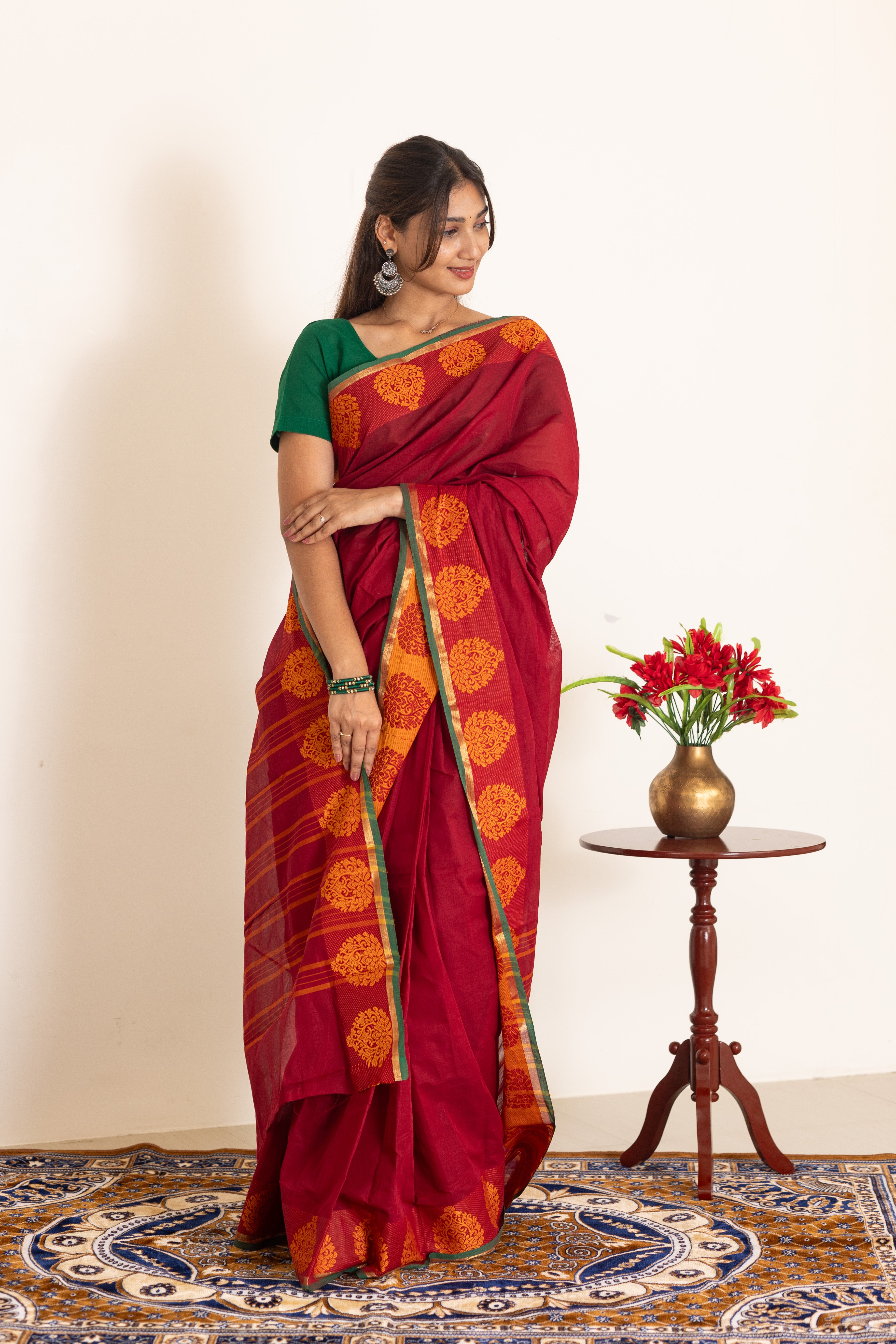 Kadal meengal Cotton saree in maroon ( Own weaving)